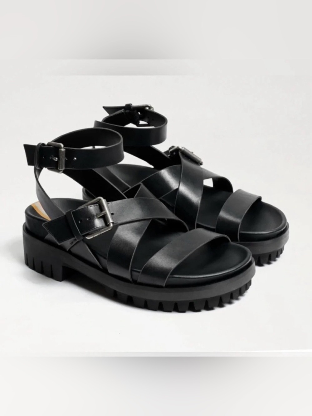 Sam Edelman Eleanora Black Leather Lug-Sole Strappy Ankle Chunky Sandals Size 9